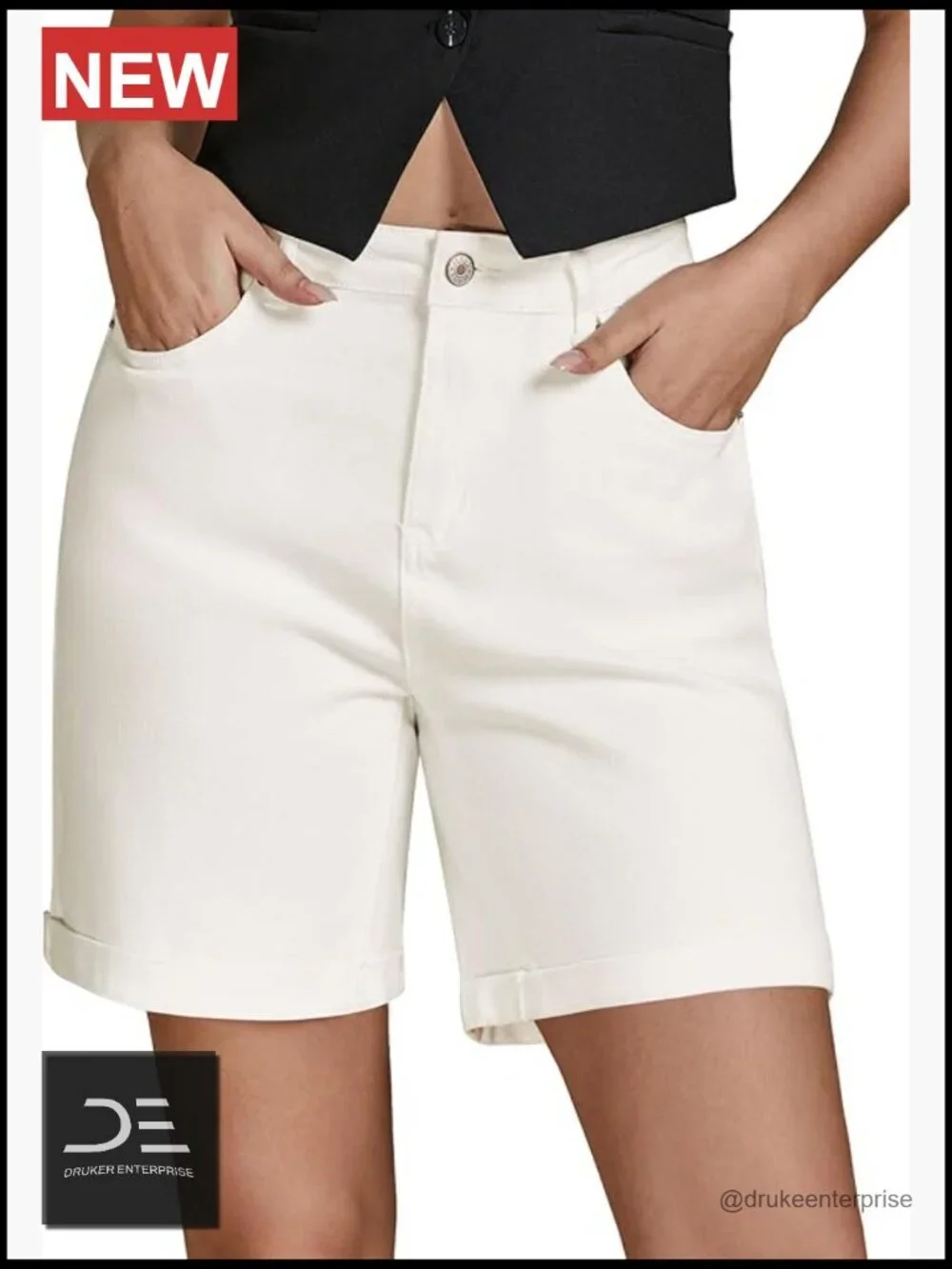 High Waisted Fold Hem Stretchy Denim Shorts 7 Inch Inseam Jorts